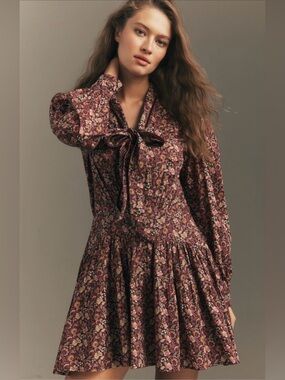 NWT Anthropologie Burgundy Floral Tie-Neck Long Sleeve Dress XS